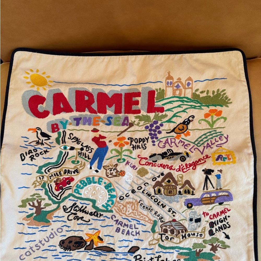 Carmel By The Sea Hand-Embroidered Pillow, Organic Cotton, catstudio